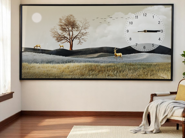 Nordic Golden Deer Wall Clock Art in Black Frame